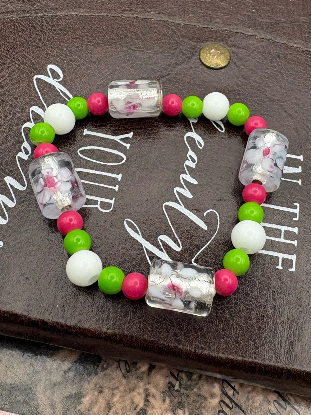 Y2K Handmade Beaded Stretch Bracelet Pink Green White Floral Glass Beads